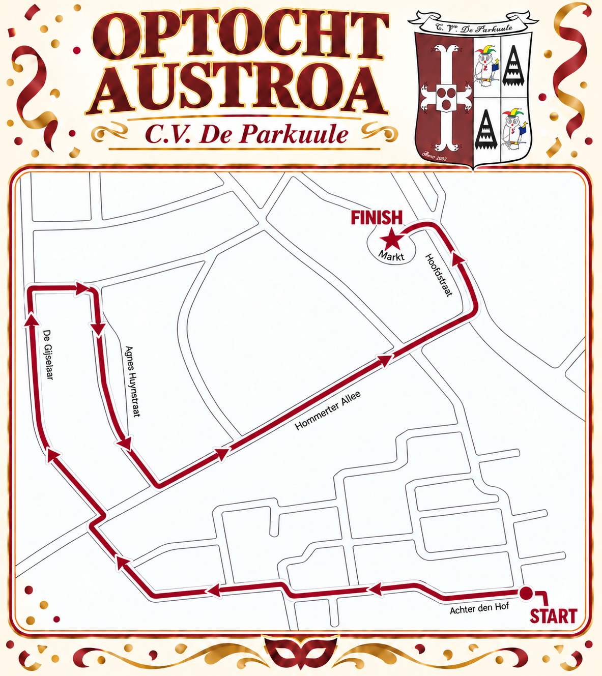 Routekaart van de optocht in Austroa met start bij Achter den Hof en finish op de Markt